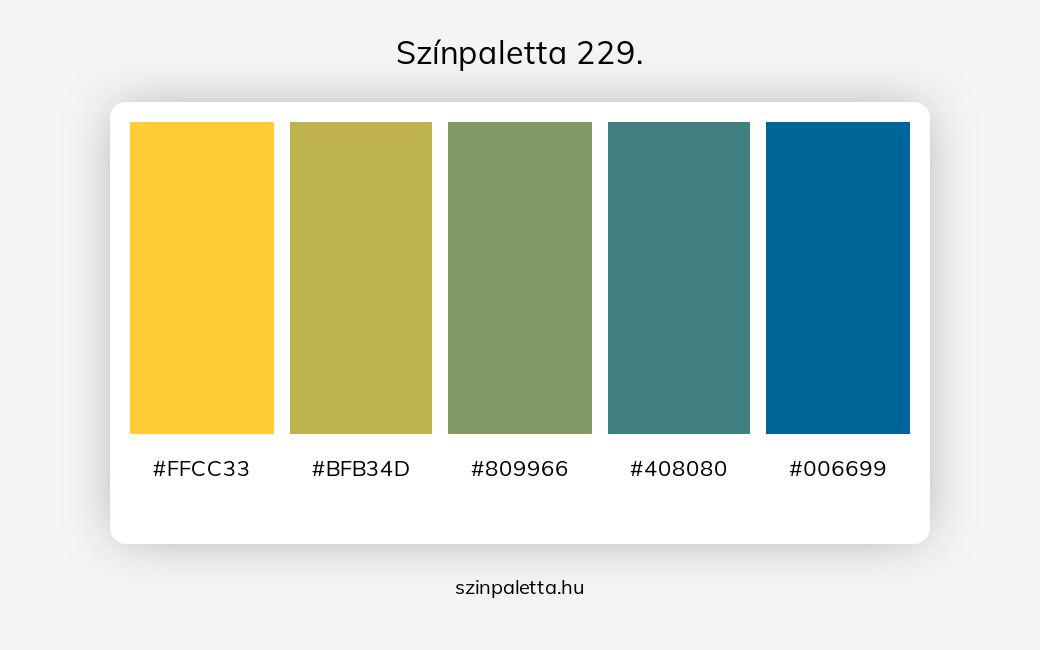Színpaletta 229. - Színpaletta a következő címkékkel: kék, sárga, zöld, meleg színek, hideg színek, sárga és zöld, sárga és kék, zöld és kék, zöld különböző árnyalatai, kék különböző árnyalatai, színinterpoláció (színátmenet),  színpaletta. - szinpaletta.hu